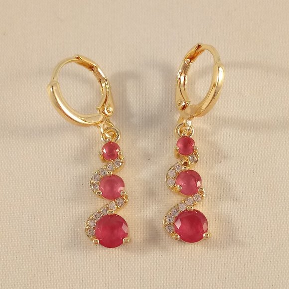 18K Yellow Gold Filled Red Diamond Zircon Swirl Dangle Earrings Women's Gift - Picture 2 of 4